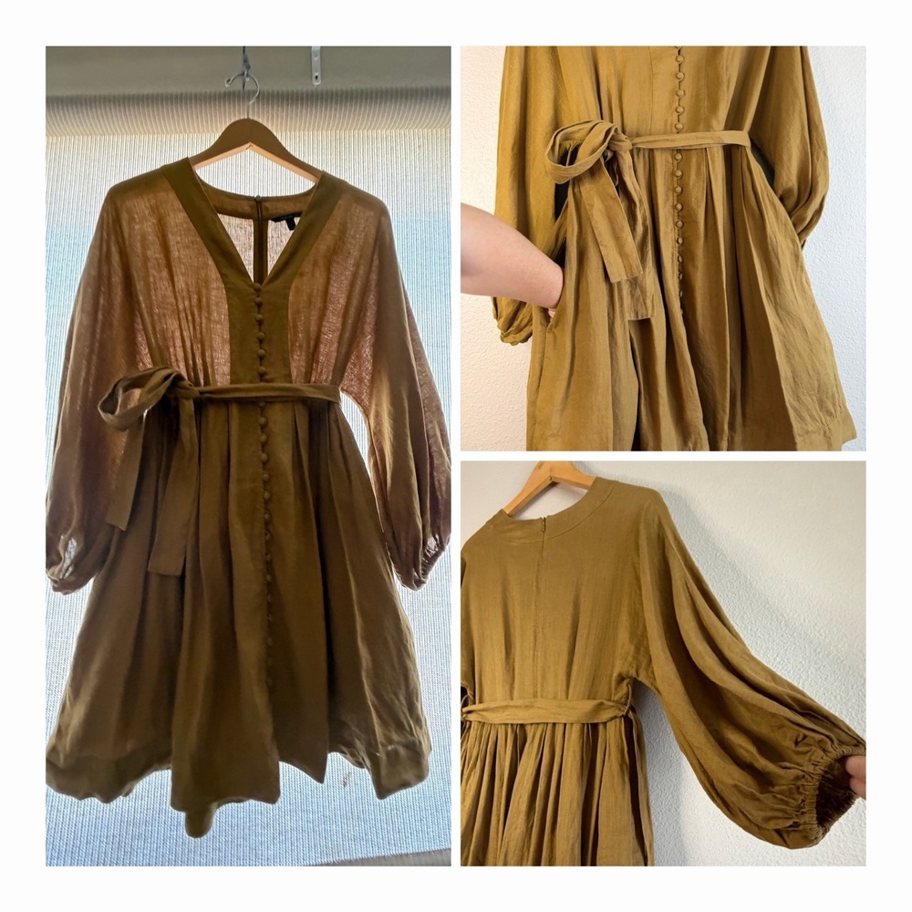 Banana Republic Size 8 100 Linen Button Front Mini Dress Puff Balloon Slv Pocket